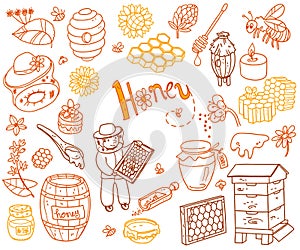 Vector honey element doodle set with beehive, beekeeper, flowers