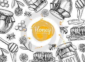 Vector honey hand drawn frame illustrations. Jar, bee, honeycomb