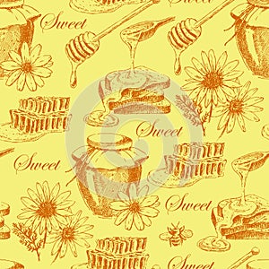 Vector honey seamless pattern. hand drawn jar, spoon, stick, cells, camomile. ink sketch of organic nature products