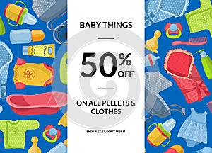Vector horizontal baby clothes and accessories sale illustration