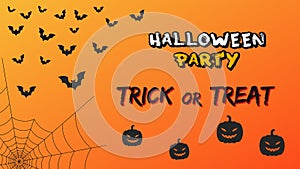 Vector horizontal background, banner. Halloween theme, bats, cobweb, pumpkin. Orange gloomy background. Trick or Treat, Party,