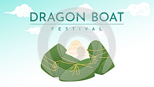 Vector horizontal banner, dragon boat festival. Traditional Chinese holiday, oriental food zongzi.