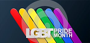 Vector horizontal banner with  volumetric text LGBT Pride Month . Lesbian Gay Bisexual Transgender. Rainbow love concept with LGBT