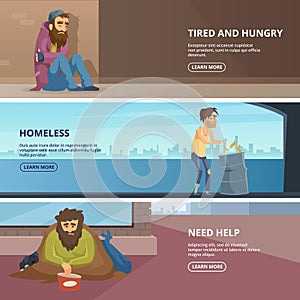 Vector horizontal banners with illustrations of poor and homeless peoples