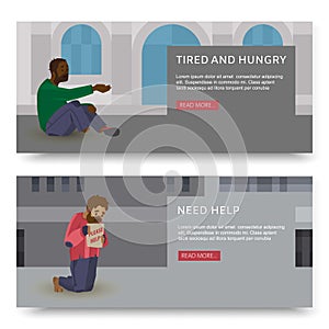 Vector horizontal banners with illustrations of poor and homeless peoples. Hopeless and workless caucasian and disabled