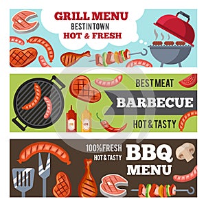 Vector horizontal banners set with illustrations of different foods for bbq party