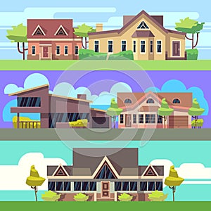 Vector horizontal banners set with residential houses