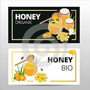 Vector horizontal banners set with sweet honey, honeycomb and jar full of natural flower honey isolated on white