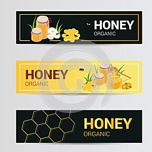 Vector horizontal banners set with sweet honey, honeycomb and jar full of natural flower honey isolated on white