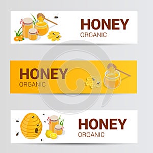 Vector horizontal banners set with sweet honey, honeycomb and jar full of natural flower honey isolated on white