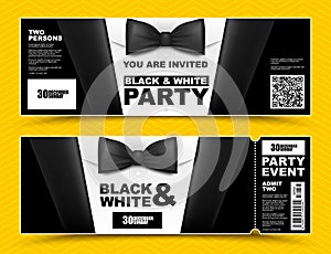 Vector horizontal black and white event invitations. Black bow tie businessmen banners. Elegant party ticket card with black suit