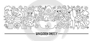 Vector horizontal black and white set with cute characters for unicorn or princess party. Fairytale line card template design for