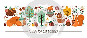 Vector horizontal border set with cute animals and autumn forest elements. Thanksgiving card template design with woodland