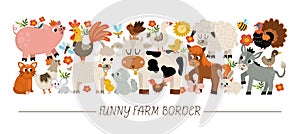 Vector horizontal border set with cute farm animals, birds, insects. Rural card template design with country characters. Cute
