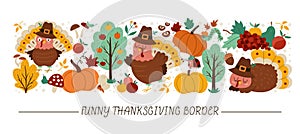 Vector horizontal border set with cute turkeys, pumpkins, harvest and autumn forest elements. Thanksgiving card template design