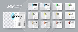 Vector horizontal calendar 2022 template, color insert with months, cover with place for photo