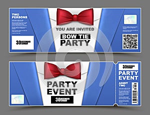 Vector horizontal cocktail party event invitations. Red bow tie official isolated businessmen banners. Elegant party ticket card