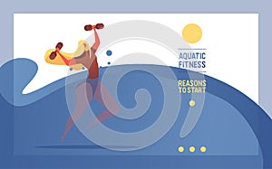Vector horizontal flat illustration with water aerobics concept. Young woman with dumbbells in abstract water pool. Landing page photo