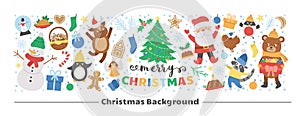 Vector horizontal layout frame with Christmas elements. Traditional New Year party clipart set. Funny design for web banners,