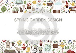 Vector horizontal layout frame with garden tools, flowers, herbs, plants, insects. Gardening equipment banner, party invitation or