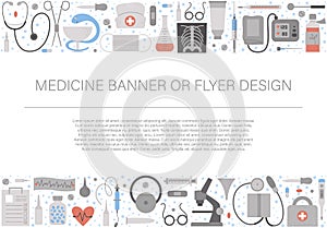 Vector horizontal layout frame with medical equipment and tools. Medicine elements banner design. Cute funny health care, check or