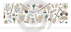 Vector horizontal layout set with garden tools, flowers, herbs, plants. Gardening equipment banner, party invitation or background