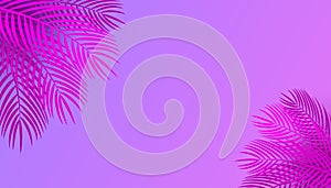 Vector horizontal pink purple neon background with palm leaves.