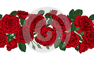 Vector horizontal seamless background with red roses, buds and leaves. design element for greeting card and invitation of the