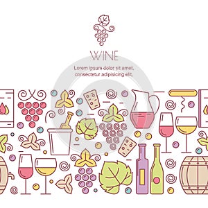 Vector horizontal seamless background with wine bottles, glass, grape vine, leaves signs.