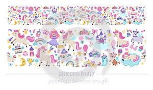 Vector horizontal seamless border brush for unicorn party. Fairytale repeat background for washy tape, stationery. Cute magic