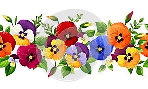 Horizontal seamless border with colorful pansy flowers. Vector illustration.
