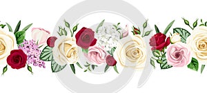 Horizontal seamless border with red, pink and white flowers. Vector illustration.