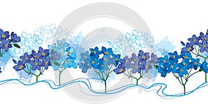 Vector horizontal seamless pattern with outline Forget me not or Myosotis bunch in blue on the white background.