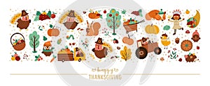 Vector horizontal set with cute comic forest animals, Thanksgiving elements, pumpkins, harvest. Autumn card template border design