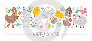 Vector horizontal set with flat Easter day characters and elements. Card template design with bunny, egg, funny animals, birds,