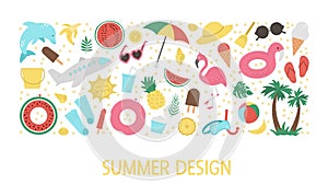 Vector horizontal set with summer clipart elements isolated on white background. Funny banner design with cute palm tree, plane,