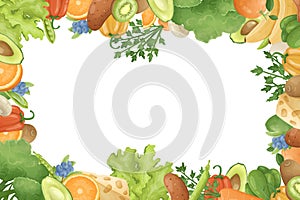 Vector horizontal template with frame or border of fresh fruits, herbs and vegetables. Healthy natural food concept.