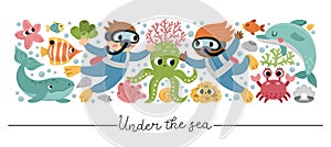 Vector horizontal under the sea border set with fish, divers. Ocean card template design with farm characters. Cute water animals