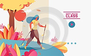 Vector horizontal web banner or landing page with young woman doing nordic walking. Illustration drawn with gradients, greenery