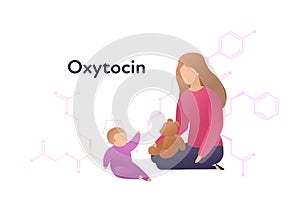 Vector hormones flat character banner template. Oxytocin structure with trendy style female plaing with baby on white. Hormone