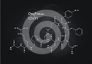 Vector hormones study banner template. Chalk drawn oxytocin structure on black board background. Hormone assosiated with bonding,
