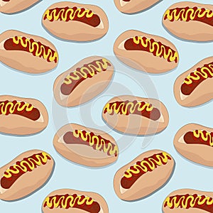 Vector hot dog pattern. American fast food meal. Bread with sausage, ketchup, mustard. Lunch delicious surface pattern