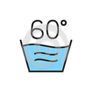 Vector hot laundry, 60 degrees washing temperature flat color line icon.