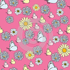 Vector hot pink background daisy flowers, wild flowers and butterflies, insects. Seamless pattern background