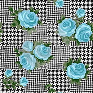 Vector houndstooth seamless black and white pattern with blue retro roses