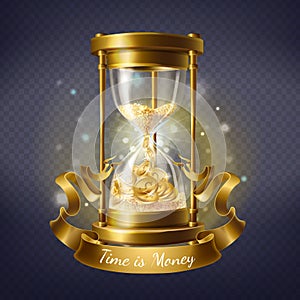 Vector hourglass with gold coins, time is money