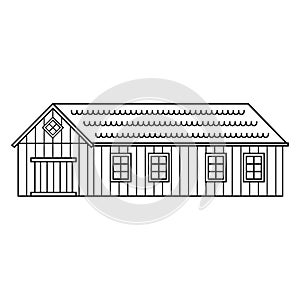 Vector house with door and windows. Black white monochrome line wooden barn. Isolated illustration on white background