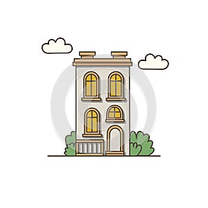 Vector house with a fence and two chimneys icon. Vector Gray house with clouds and bushes icon