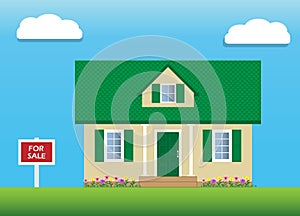 Vector of house with green gable roof for sale. Real estate.