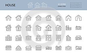 Vector house icons. Editable Stroke. The buildings are one and two-story, with a garage, a chimney. Door windows